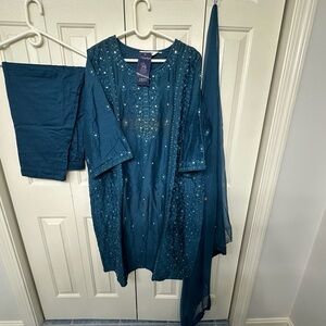 Biba Blue Floral Embroidered Kurta bottoms and duppatta in size 24”pure cotton